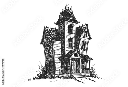 Vintage haunted house illustration with gabled roof and gothic windows - stock vector