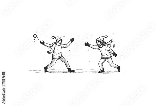 Two children engaged in a playful snowball fight in a winter setting - stock vector