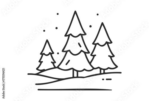 Hand-drawn evergreen pine trees and snowfall line art - stock vector