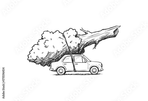 Vintage car carrying giant tree on roof in black and white sketch illustration - stock vector
