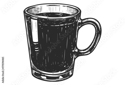 Hand-drawn black and white coffee mug sketch with detailed lines - stock vector