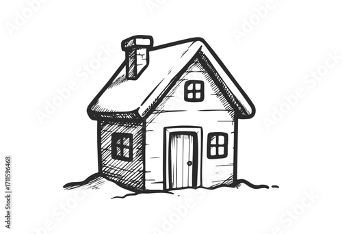 Rustic hand-drawn house with chimney and gabled roof - stock vector