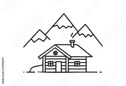 Simple line art of mountain cabin with snowy peaks in - stock vector
