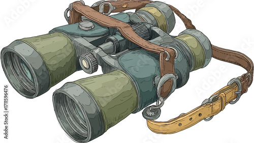 A detailed digital illustration of a pair of vintage binoculars with a worn leather strap. The binoculars are depicted in a slightly tilted three-quarter view, showcasing their design features