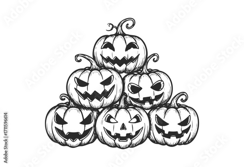 Stacked halloween pumpkins with menacing faces in black and white illustration - stock vector
