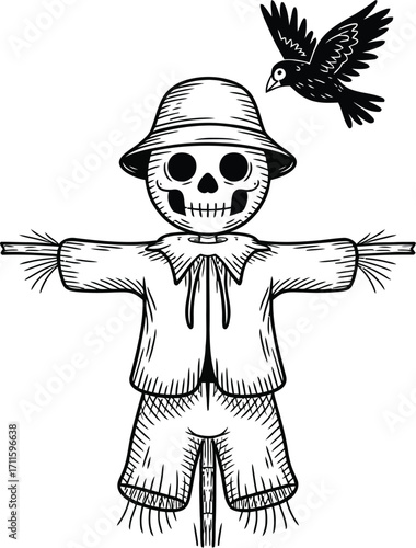 Spooky scarecrow with skull face and flying crow in a rustic, hand-drawn style.
