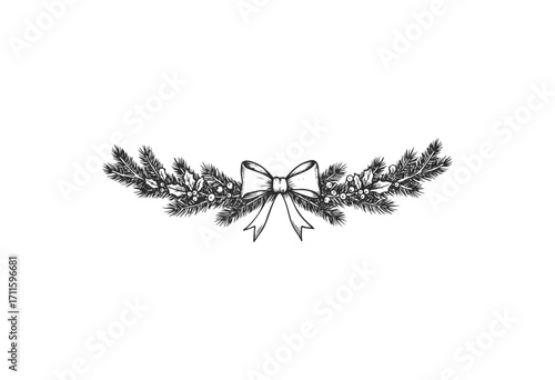 Elegant pine garland with bow and berries - stock vector