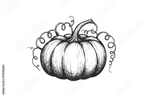 Artistic black and white pumpkin drawing with vines detailed sketch - stock vector