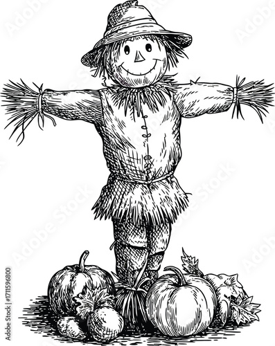 Whimsical scarecrow standing guard amongst pumpkins, a charming symbol of autumn.