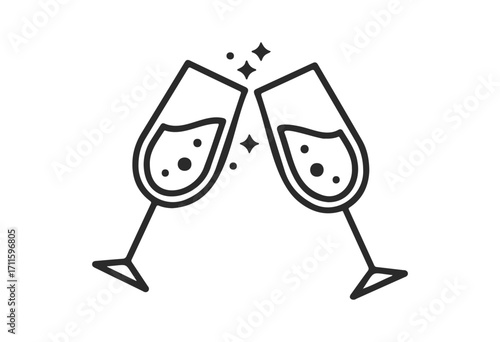 Celebratory toast icon with clinking champagne glasses and bubbles - stock vector