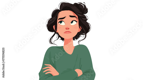 A digital illustration of a young woman with dark brown hair in a messy bun. She is wearing a green sweater and has her arms crossed. Her facial expression is pensive and worried