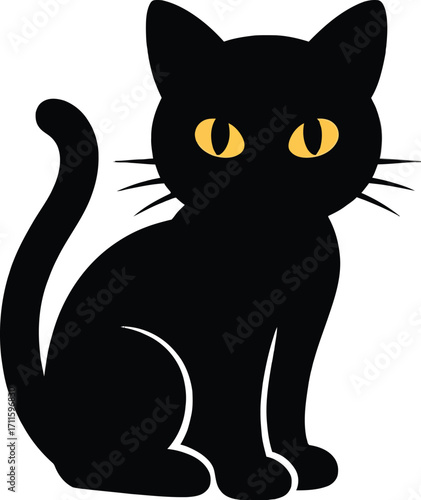 Mysterious black cat with striking yellow eyes sits alertly, a classic silhouette.
