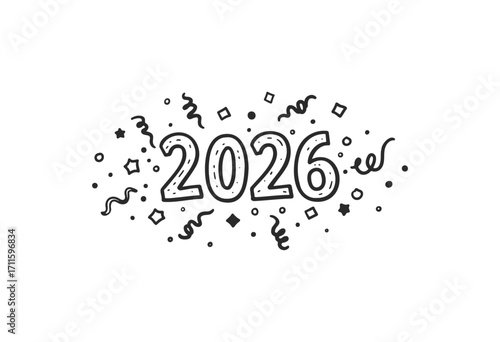 Celebratory 2026 illustration with festive confetti and stars - stock vector