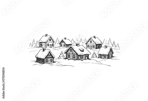 Snowy winter village scene with charming cottages and trees - stock vector
