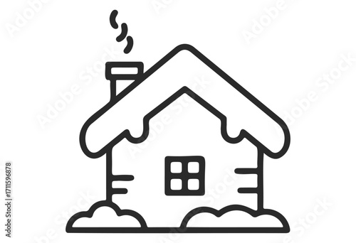 Simple line art of a cozy snow-covered house with smoking chimney - stock vector