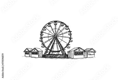 Ferris wheel and carnival booths sketched in black and white - stock vector