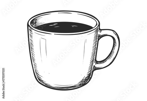 Hand-drawn black and white coffee mug illustration with detailed lines - stock vector