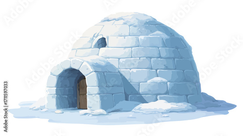 A digital illustration of an igloo against a white background. The igloo is depicted as a dome-shaped structure made of snow blocks, with a small arched entrance featuring a brown door. 