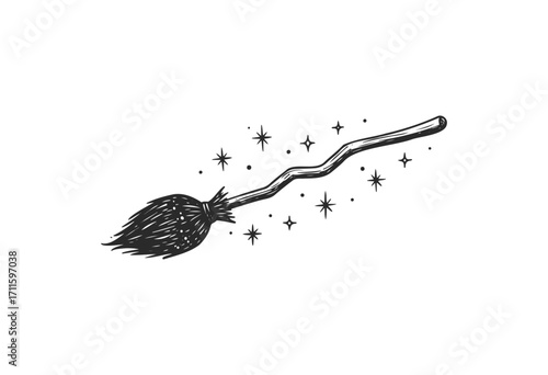 Magic broomstick with sparkling stars in black and white illustration - stock vector