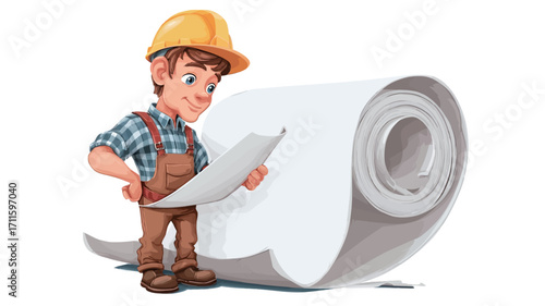 The image is a cartoon illustration featuring a smiling construction worker wearing a yellow hard hat and overalls. He is examining a blueprint, which is partially unrolled from a large roll of