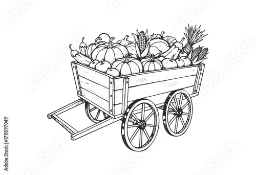 Rustic wooden cart filled with harvest vegetables and pumpkins - stock vector