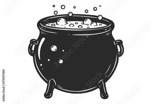 Bubbling witch's cauldron illustration with potion and bubbles - stock vector