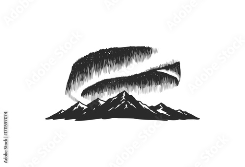 Monochrome mountain landscape with northern lights illustration in black and white - stock vector