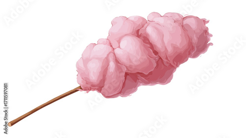 A close-up studio shot of a pink cotton candy on a brown wooden stick against a white background. The cotton candy is fluffy and appears light and airy. The lighting is even, showcasing the texture