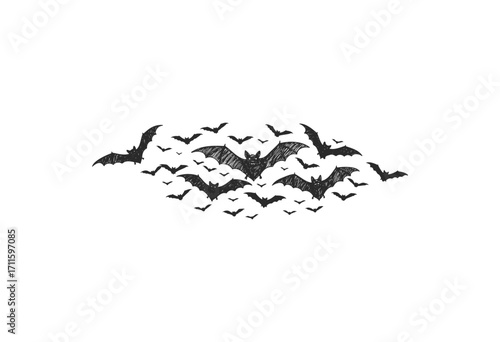 Illustration of a large flock of flying bats in different sizes on a - stock vector