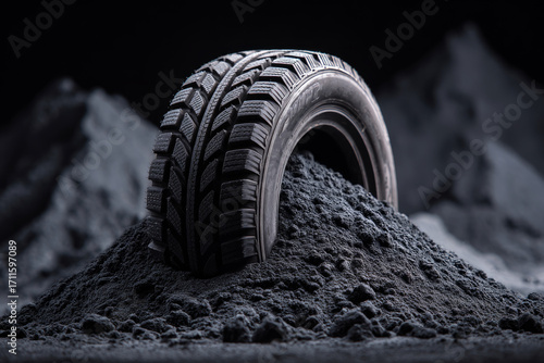 Close-up of a winter car tire placed on a pile of carbon black powder, highlighting its use in tire manufacturing