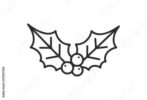 Black and white holly leaves and berries icon for christmas decoration - stock vector
