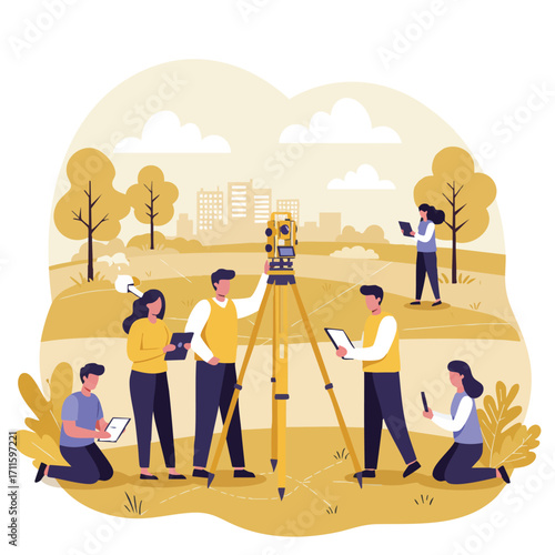 A dedicated team of professional surveyors utilizes modern total station equipment and digital tablets for precise land measurement and mapping in an outdoor urban park setting.