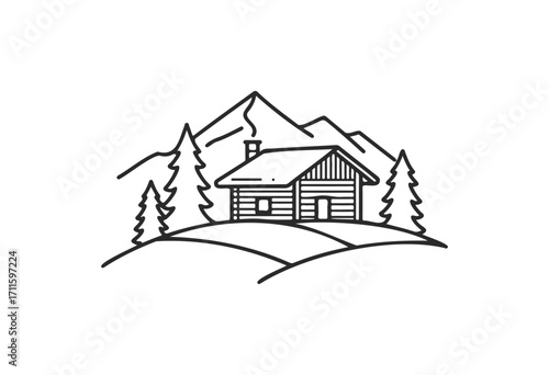 Rustic cabin in mountain landscape with pine trees line art illustration - stock vector