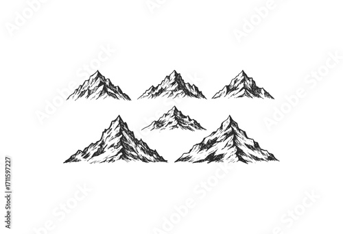 Detailed sketches of mountain peaks in black and white - stock vector