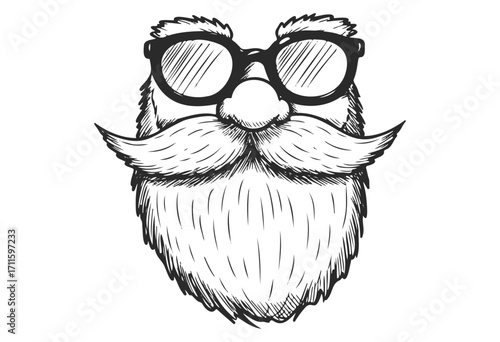 Monochrome drawing of a bearded male face with sunglasses and mustache - stock vector