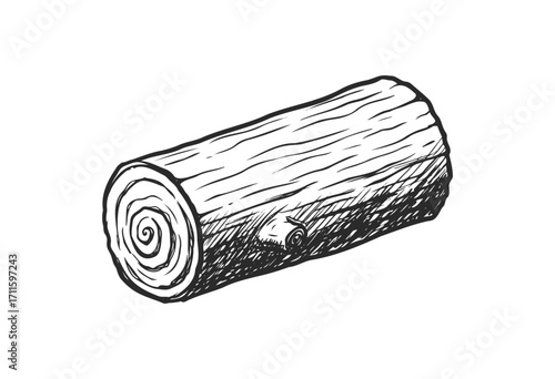 Hand-drawn wooden log illustration with bark texture in black and white - stock vector