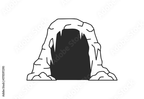 Simplistic black and white cave outline illustration with stalagmites - stock vector