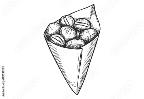 Sketch of pistachios in a paper cone: hand-drawn nut illustration - stock vector