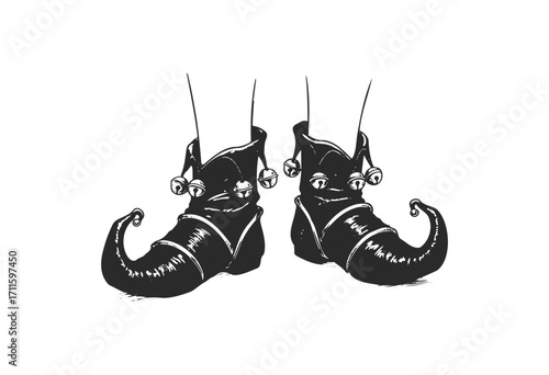 Whimsical black elf shoes with curled toes and bells - stock vector