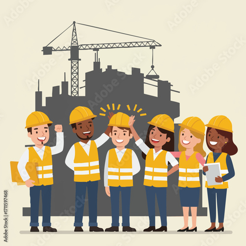 A diverse team of construction workers, men and women, celebrates project success and collaboration, standing proudly against a developing urban skyline.