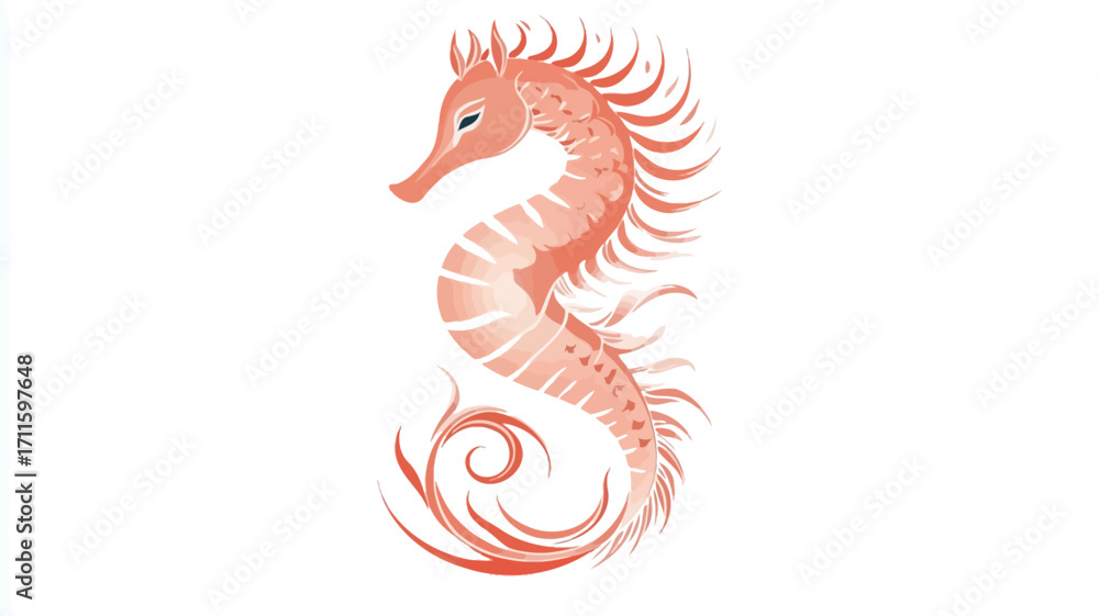 Fototapeta premium A stylized illustration of a seahorse. The seahorse is depicted in shades of light orange and pink, with intricate detailing suggesting a coral-like texture. The illustration is presented against a