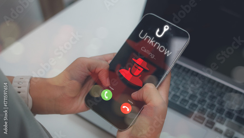 Fotografie Phone screen showing a phishing scam call from an unknown number