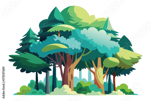 Lush green forest with various trees and shades in a vibrant landscape setting