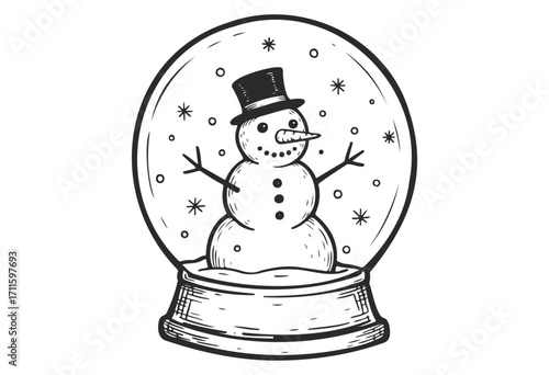 Black and white snow globe with classic snowman illustration and falling snowflakes - stock vector