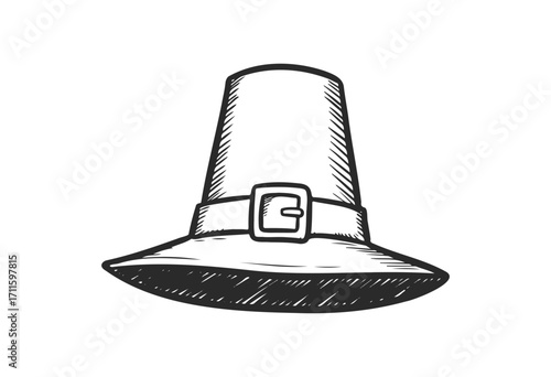 Vintage pilgrim hat with buckle: classic thanksgiving symbol in black and white - stock vector
