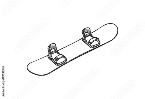 Black and white snowboard illustration with detailed bindings - stock vector