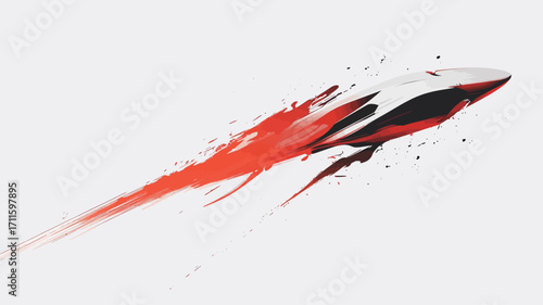 The image is a digital illustration featuring an abstract representation of speed and motion.  A stylized, arrow-like shape, predominantly black and white, moves diagonally across a white
