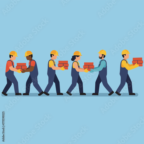 A diverse group of construction workers efficiently collaborates in a human chain, passing bricks to build together, symbolizing effective teamwork and productivity.