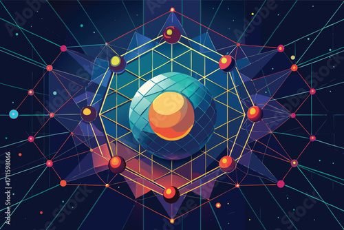 Vibrant geometric illustration depicting a central sphere surrounded by a network of colorful points and lines