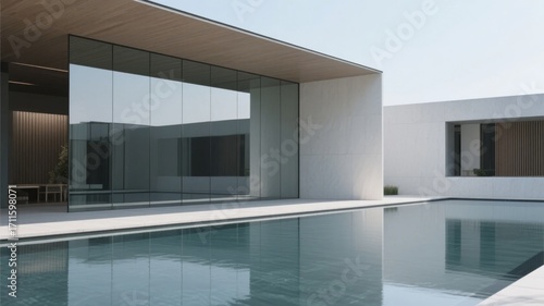 Modern minimalist house with glass walls and a reflecting pool